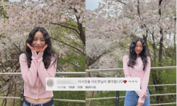林智妍手托腮晒粉嫩樱花照，网友狂问：照片是李到晛拍的吗？